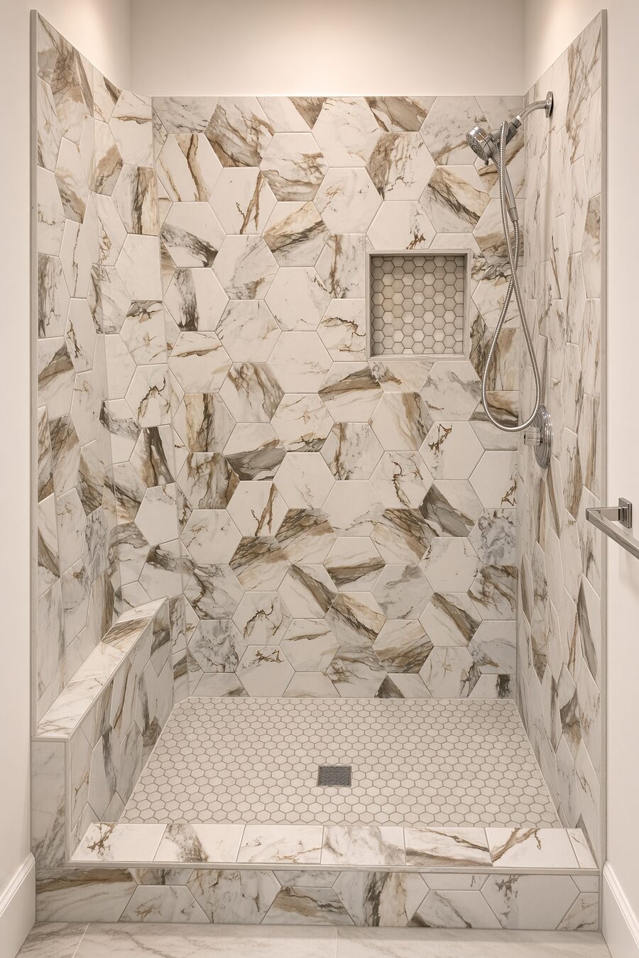 Walk-in shower tiled in large hexagonal marble-look porcelain with a hex mosaic pan and recessed niche